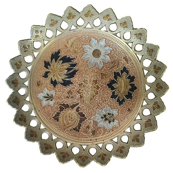Vtg Enamel & Brass Pedestal Bowl Tray Floral Design Solid Cut 10" Made in India - Picture 2 of 14
